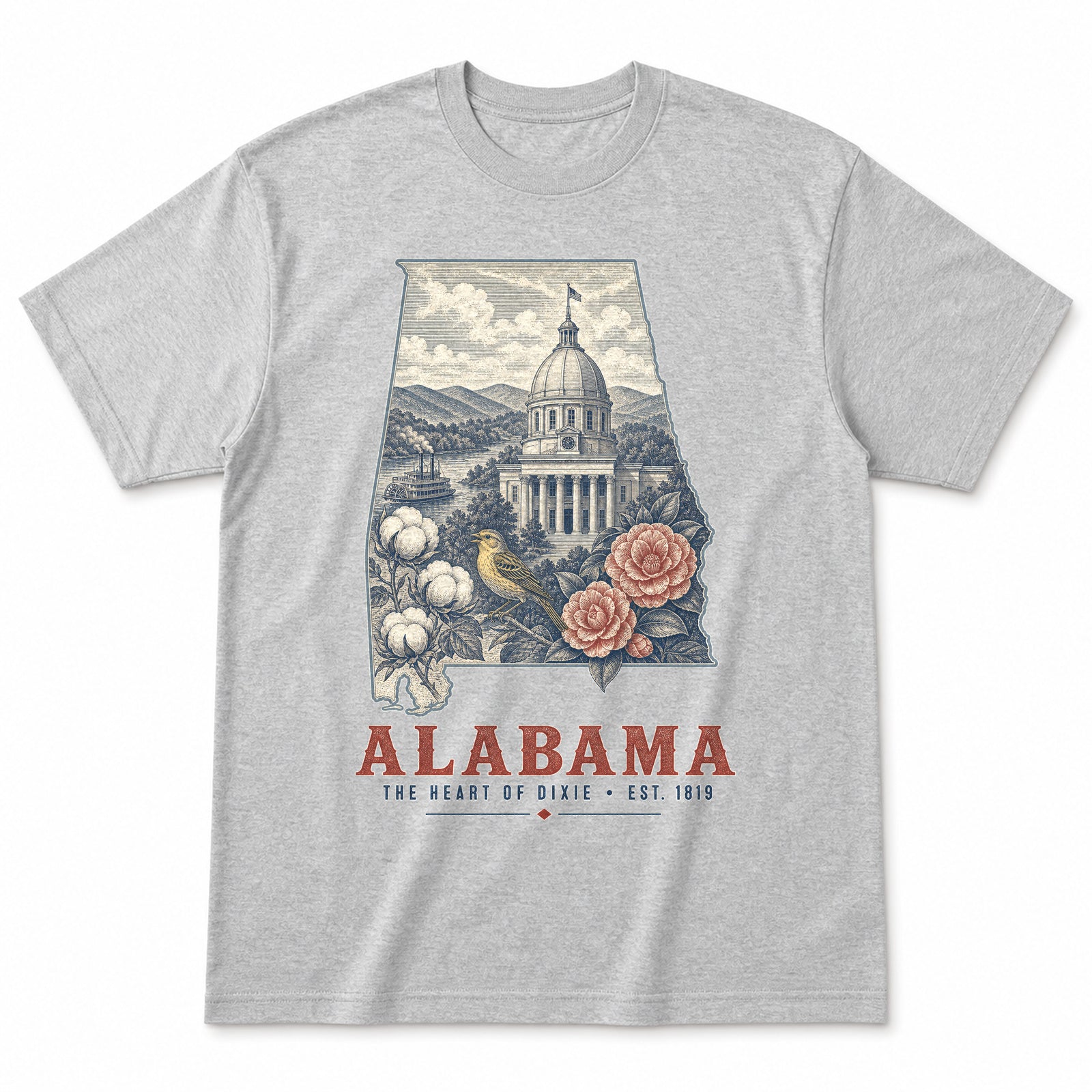 Vintage Alabama State Graphic T-Shirt in Heather Gray, front view on a white background