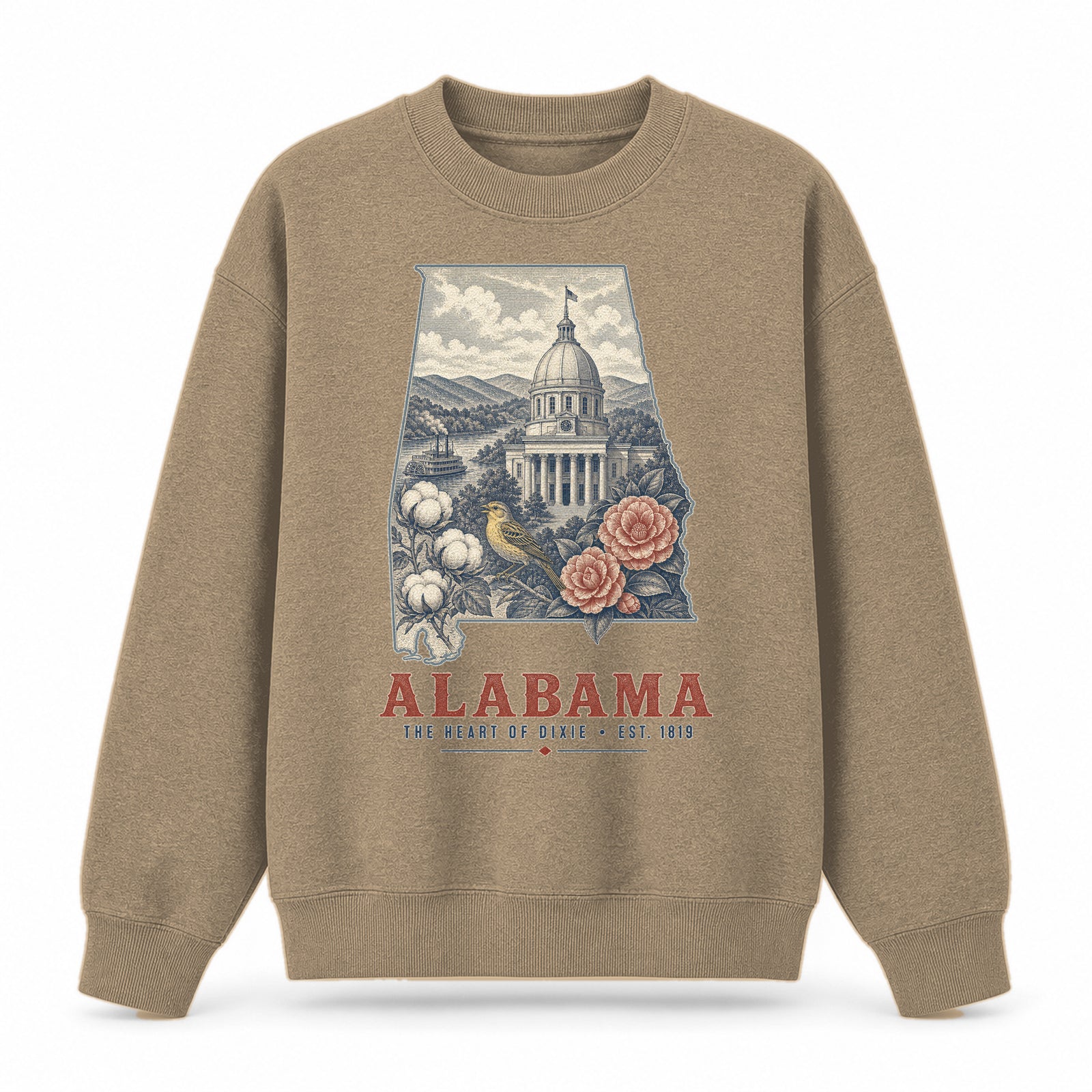 Vintage Alabama State Graphic Crewneck Sweatshirt in Khaki, front view on a white background