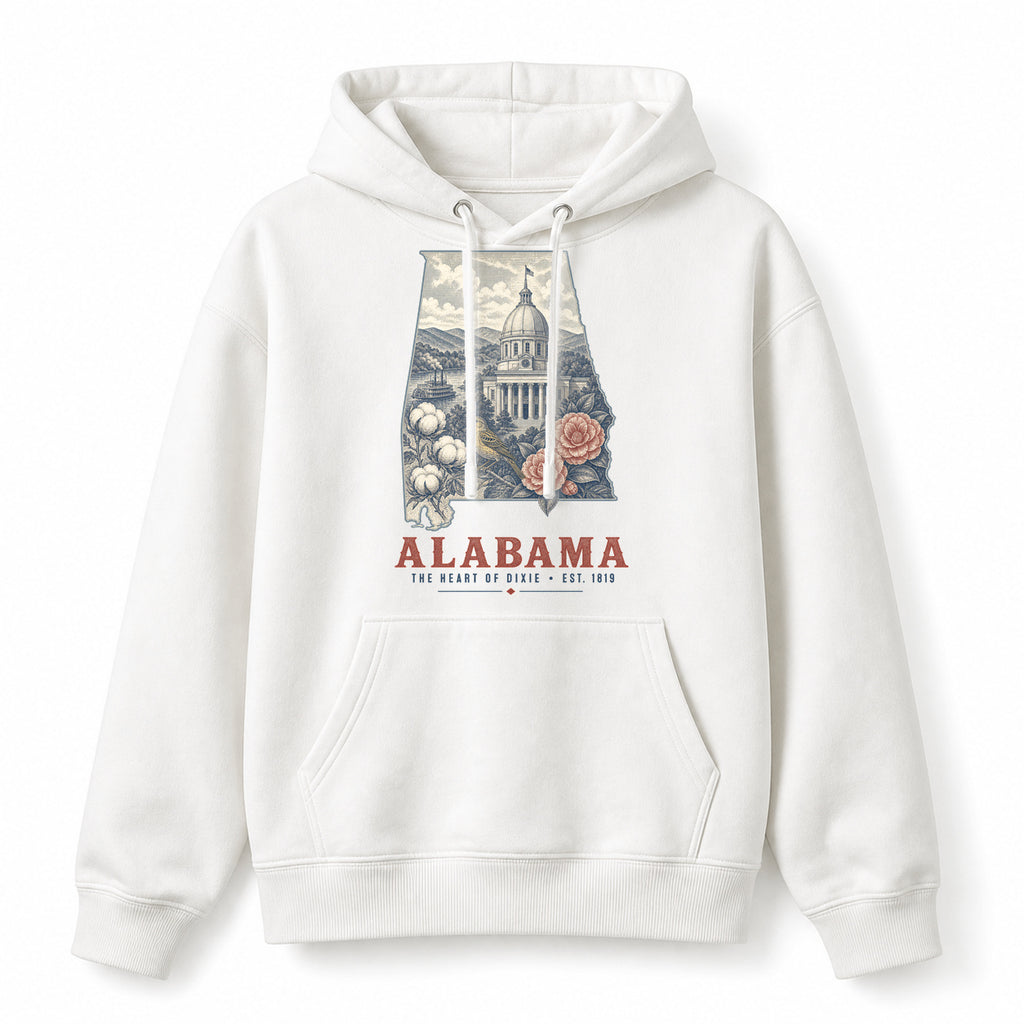 Vintage Alabama State Graphic Pullover Hoodie in White, front view on a white background
