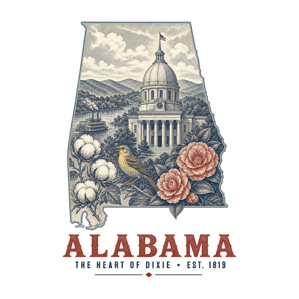 Alabama vintage state artwork on a white background