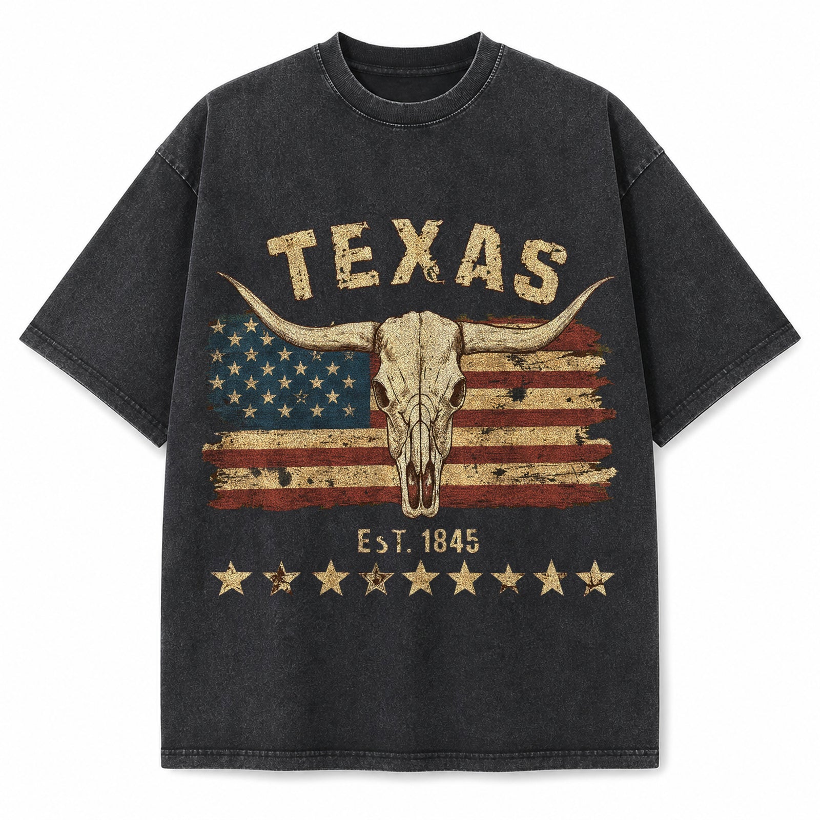 Vintage Washed Texas Flag Longhorn Heavyweight Graphic Tee in Vintage Washed Heavyweight T-Shirt, Washed Black