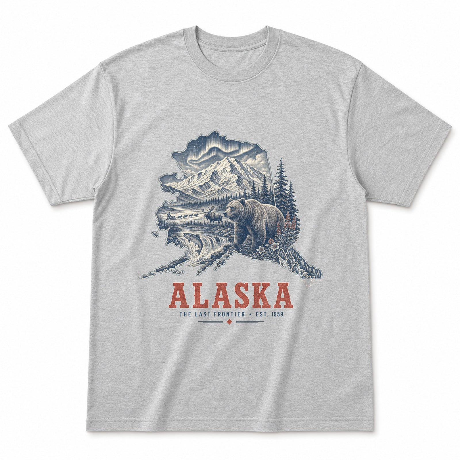 Vintage Alaska State Graphic T-Shirt in Heather Gray, front view on a white background