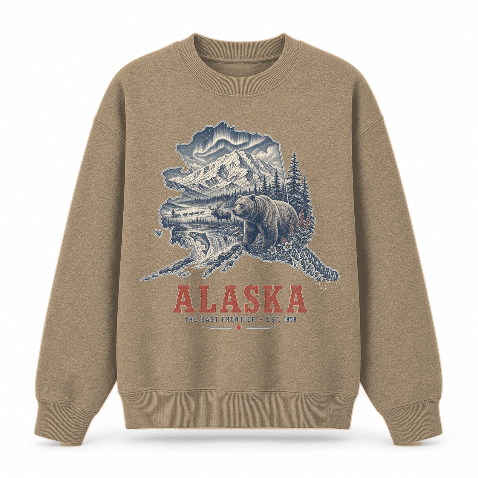 Vintage Alaska State Graphic Crewneck Sweatshirt in Khaki, front view on a white background