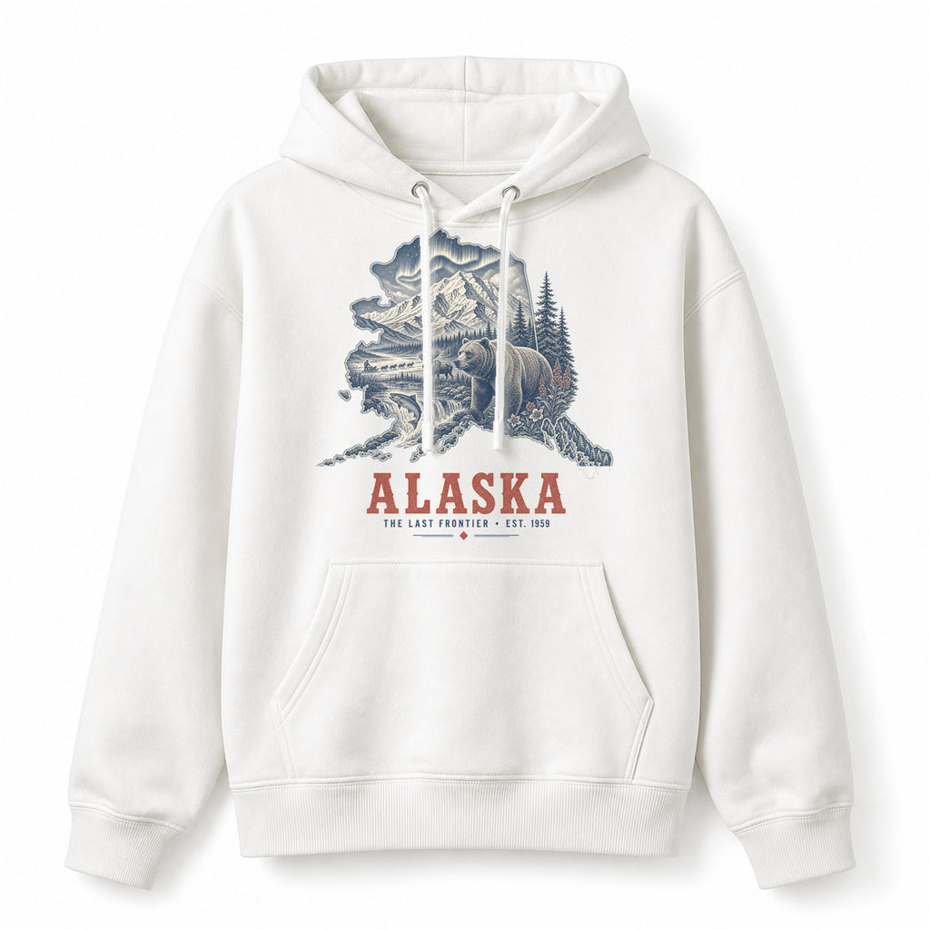 Vintage Alaska State Graphic Pullover Hoodie in White, front view on a white background