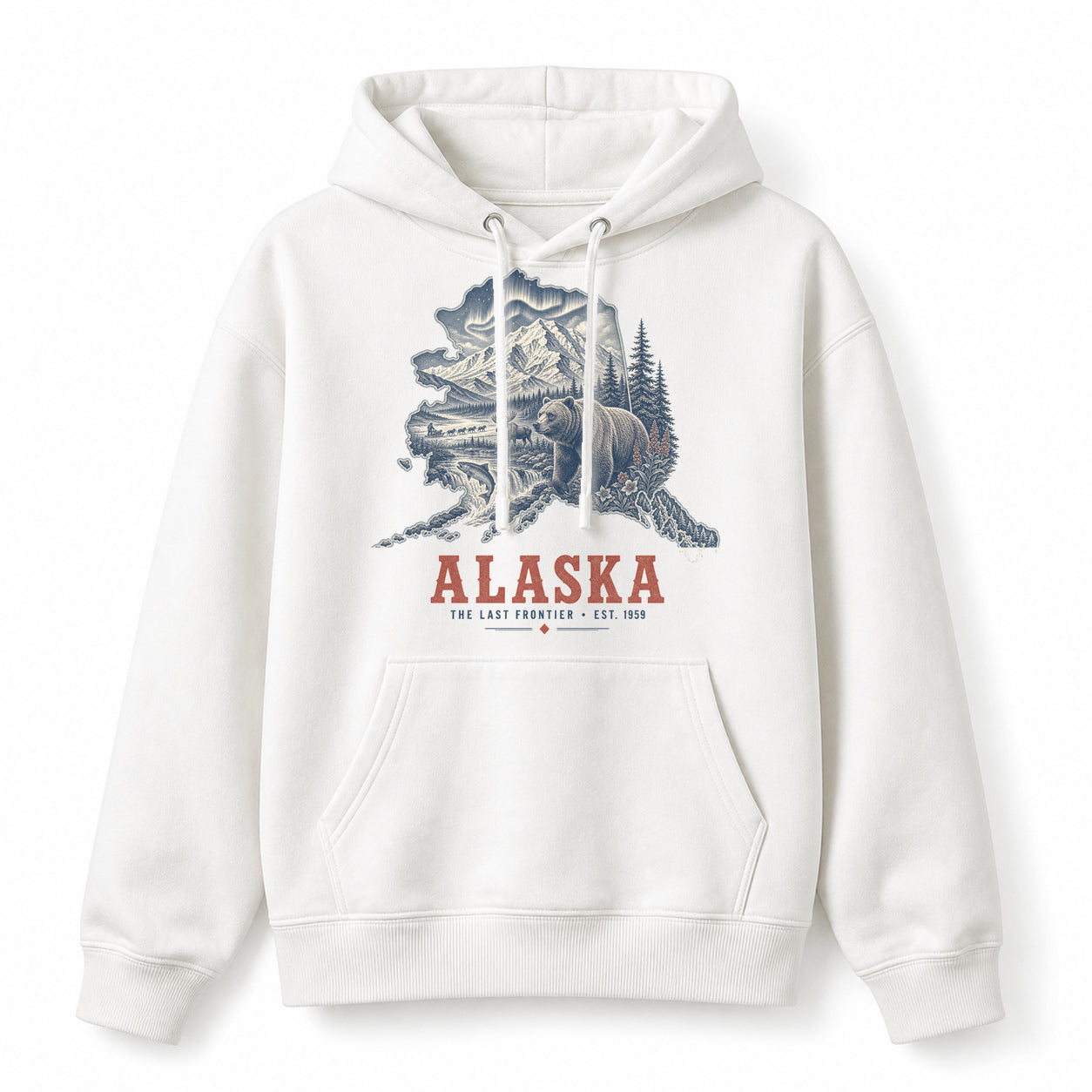 Vintage Alaska State Graphic Pullover Hoodie in White, front view on a white background