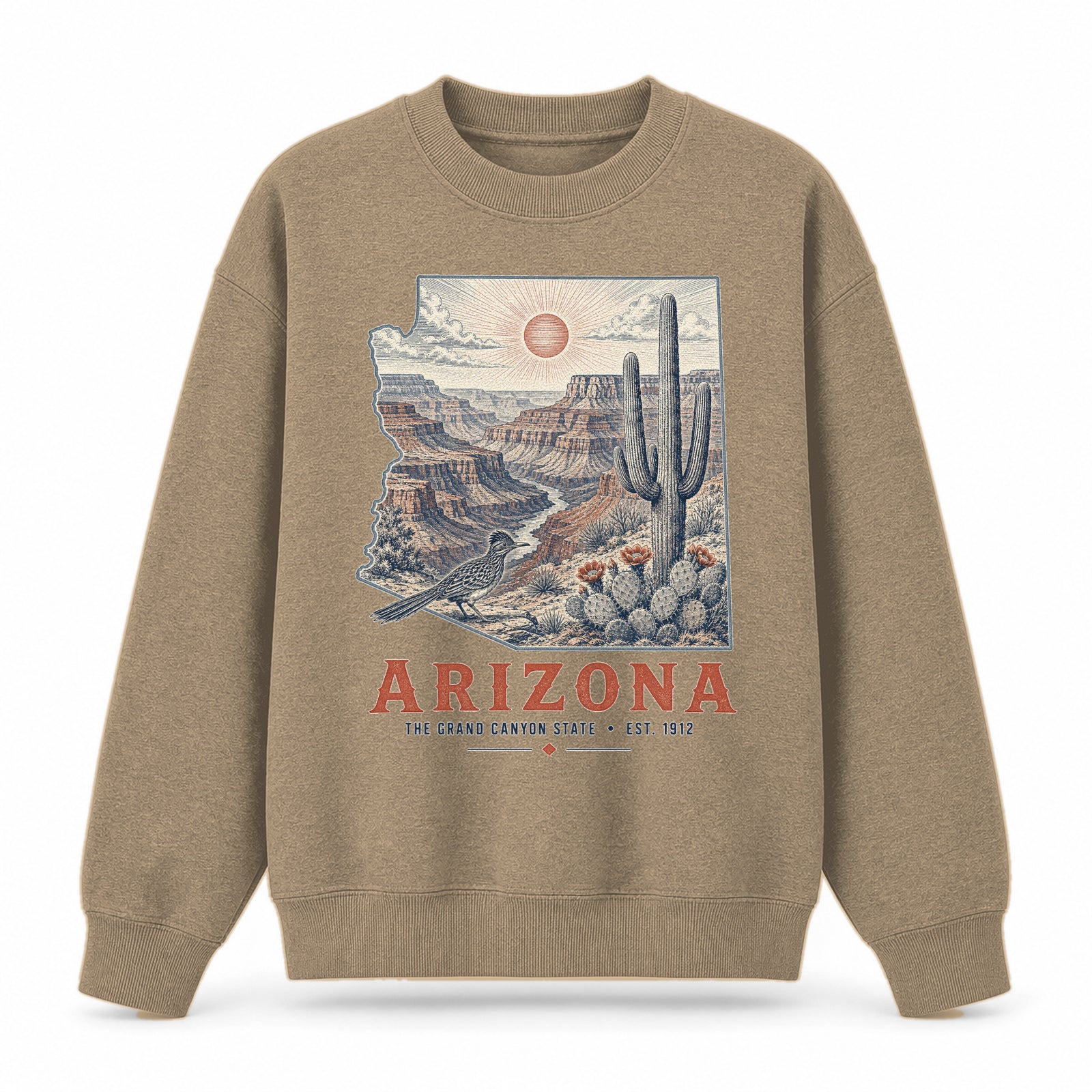 Vintage Arizona State Graphic Crewneck Sweatshirt in Khaki, front view on a white background