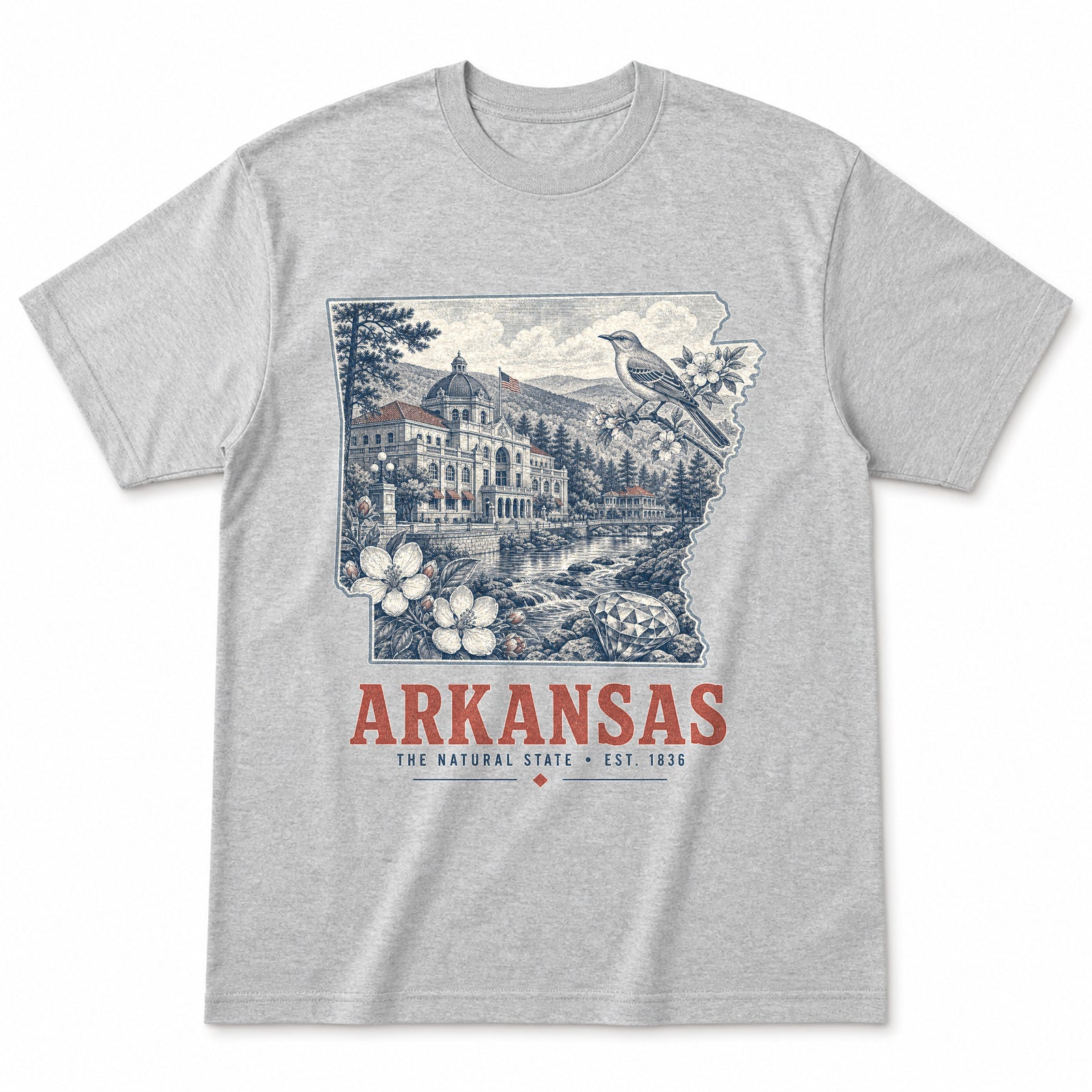 Vintage Arkansas State Graphic T-Shirt in Heather Gray, front view on a white background