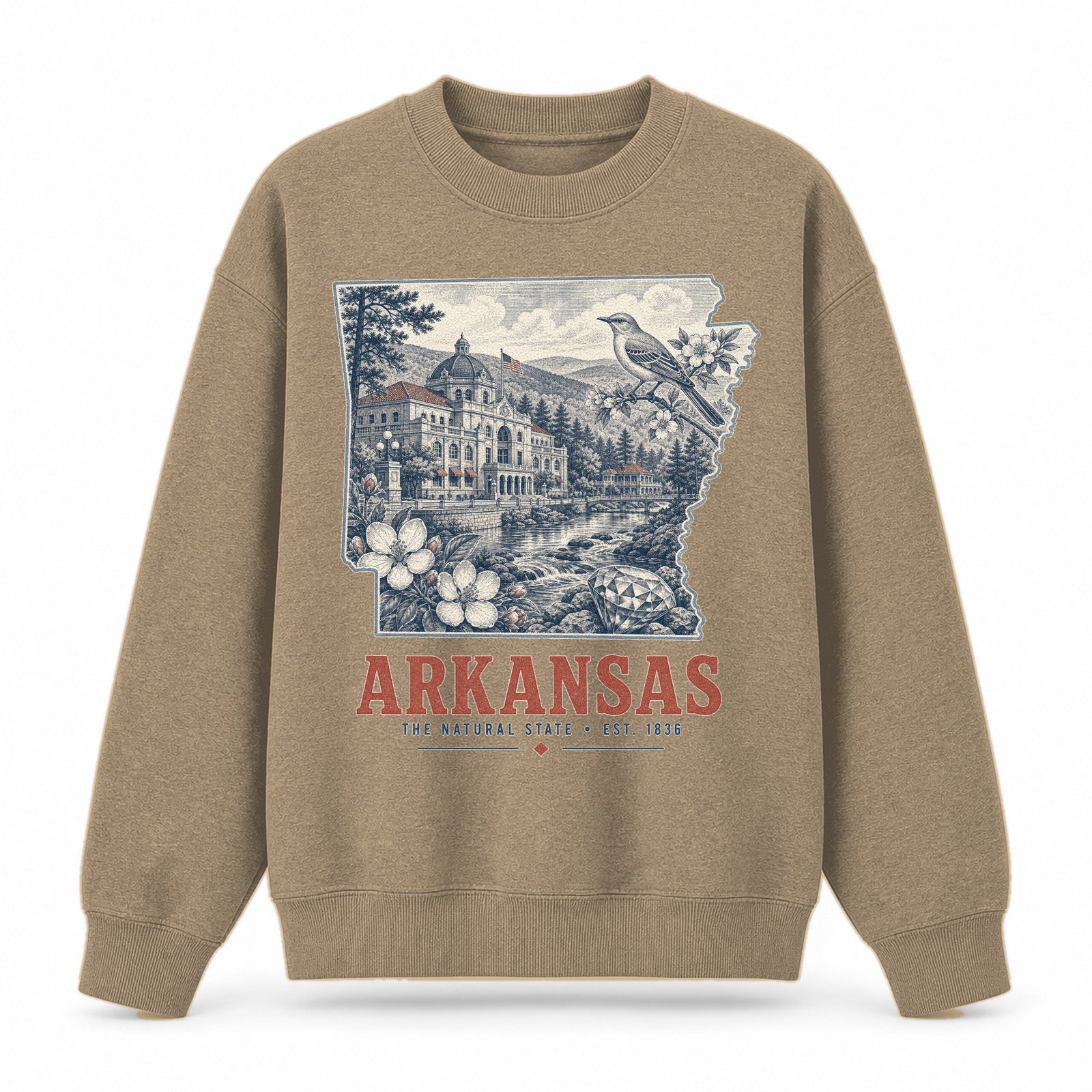 Vintage Arkansas State Graphic Crewneck Sweatshirt in Khaki, front view on a white background