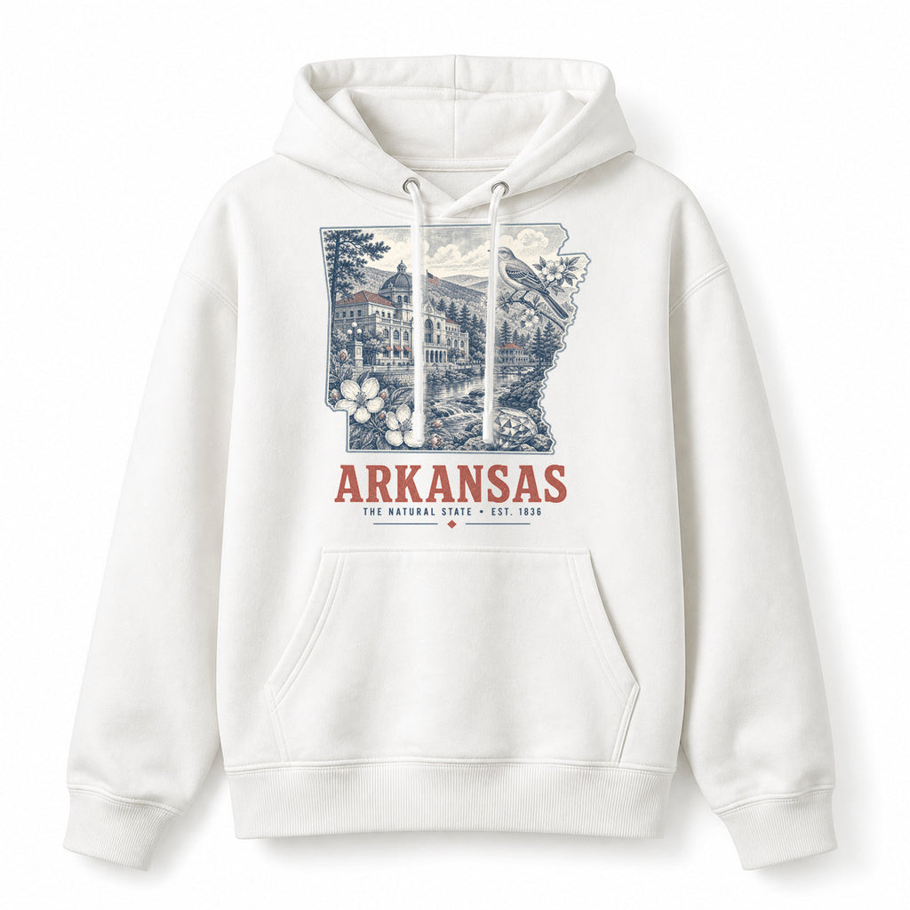 Vintage Arkansas State Graphic Pullover Hoodie in White, front view on a white background
