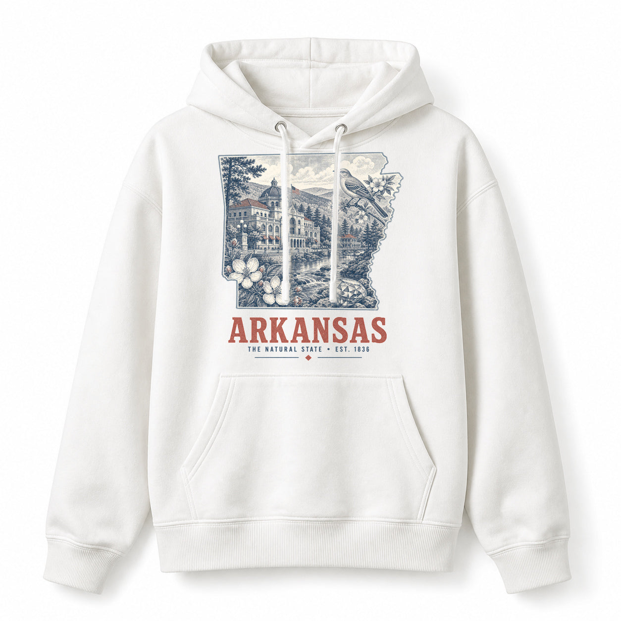 Vintage Arkansas State Graphic Pullover Hoodie in White, front view on a white background