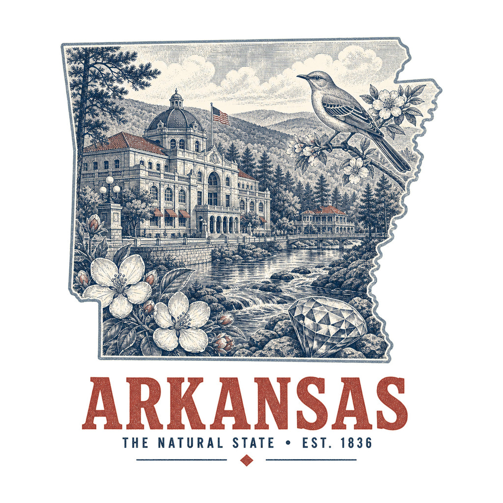 Arkansas vintage state artwork on a white background
