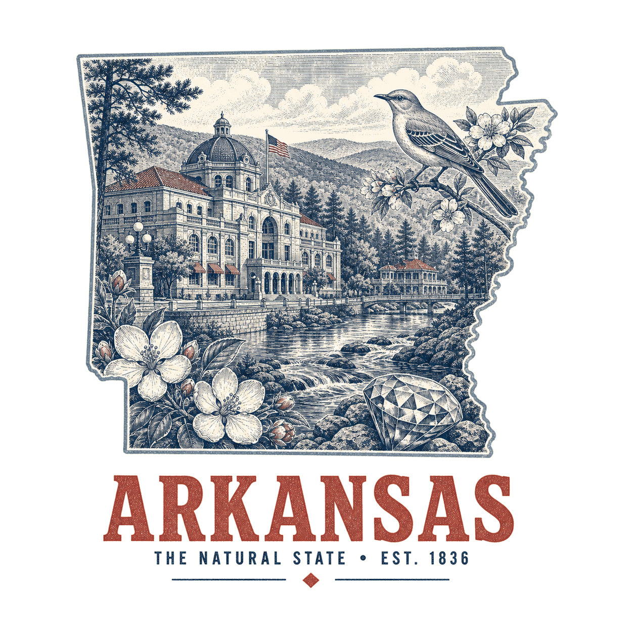 Arkansas vintage state artwork on a white background