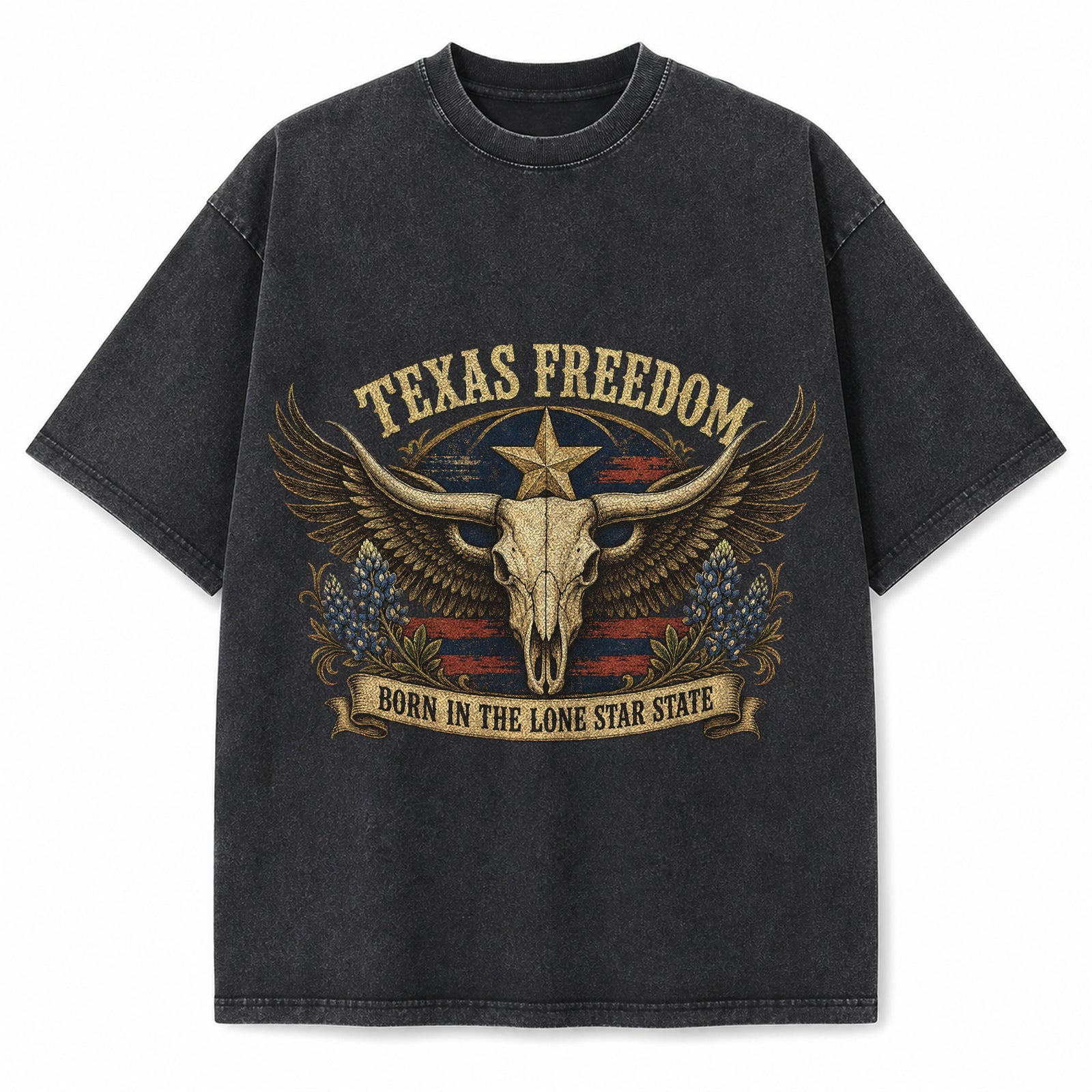 Vintage Washed Texas Freedom Crest Heavyweight Graphic Tee in Vintage Washed Heavyweight T-Shirt, Washed Black
