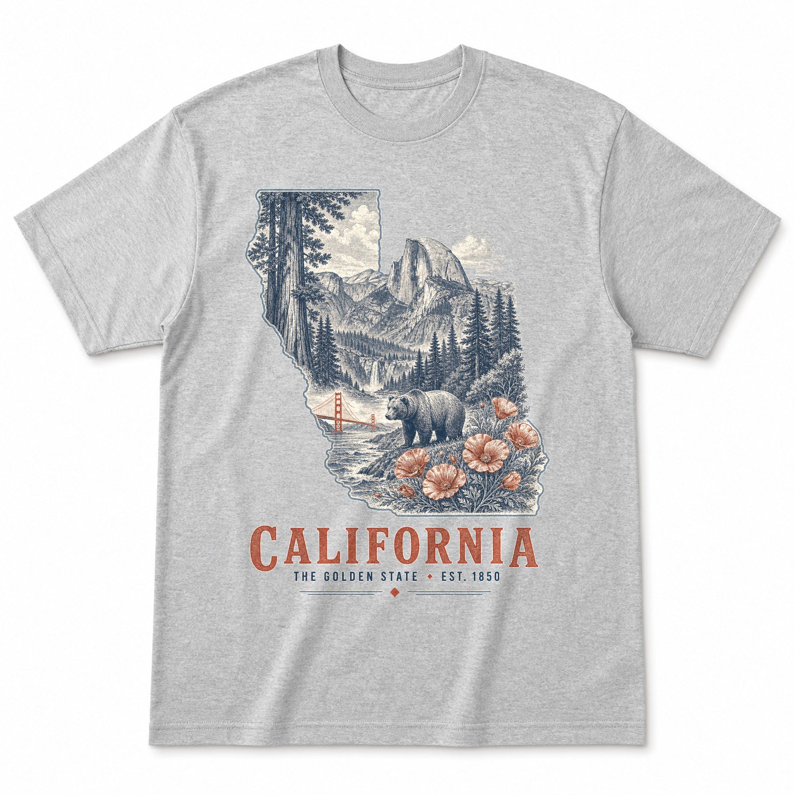 Vintage California State Graphic T-Shirt in Heather Gray, front view on a white background