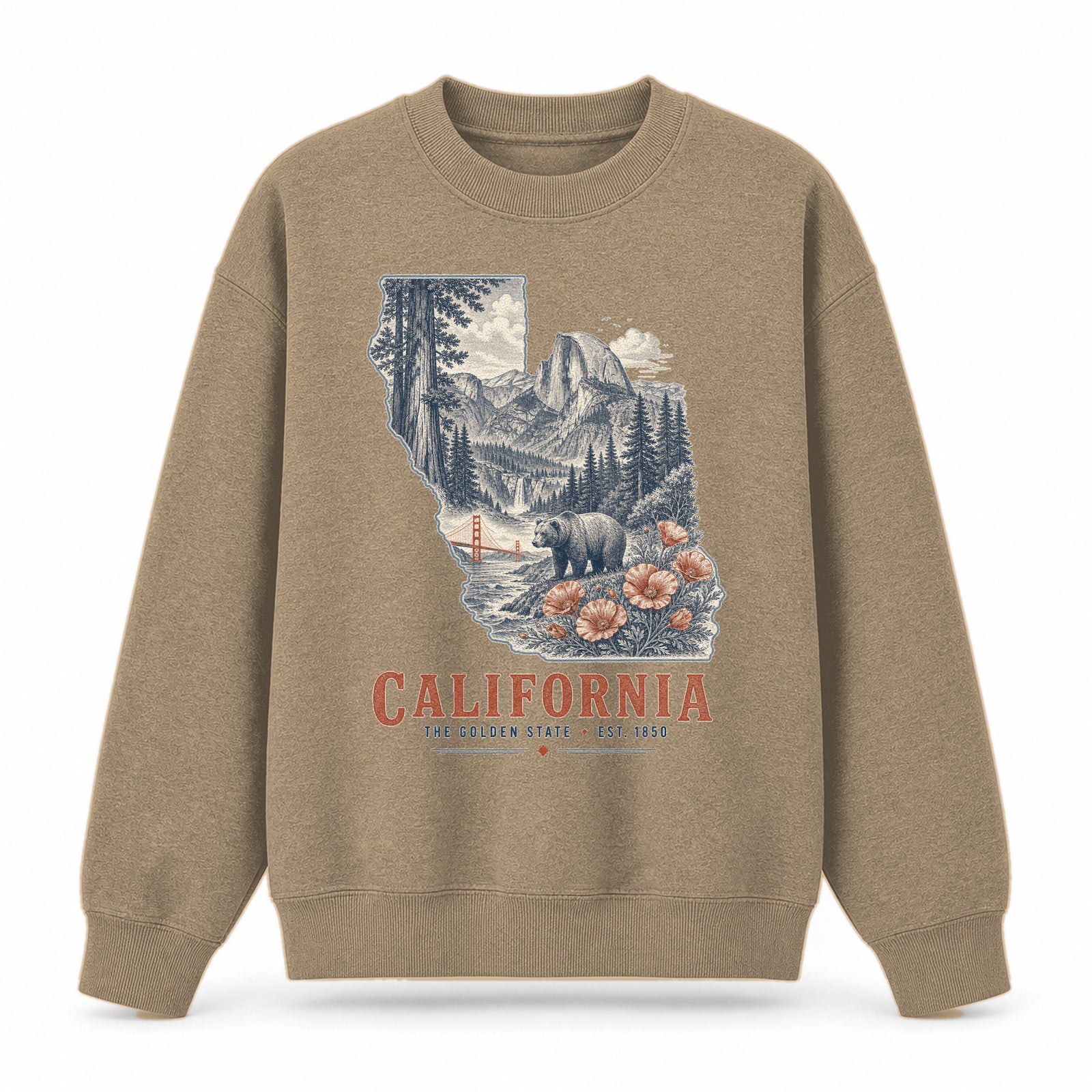 Vintage California State Graphic Crewneck Sweatshirt in Khaki, front view on a white background