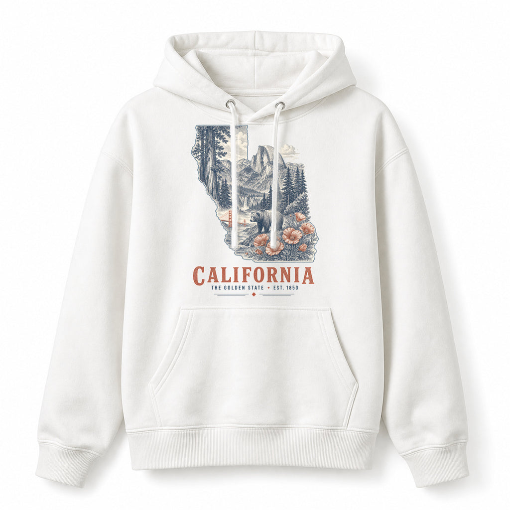 Vintage California State Graphic Pullover Hoodie in White, front view on a white background