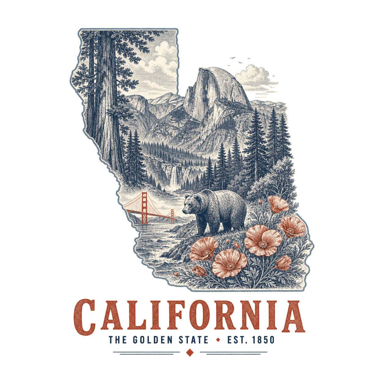 California vintage state artwork on a white background