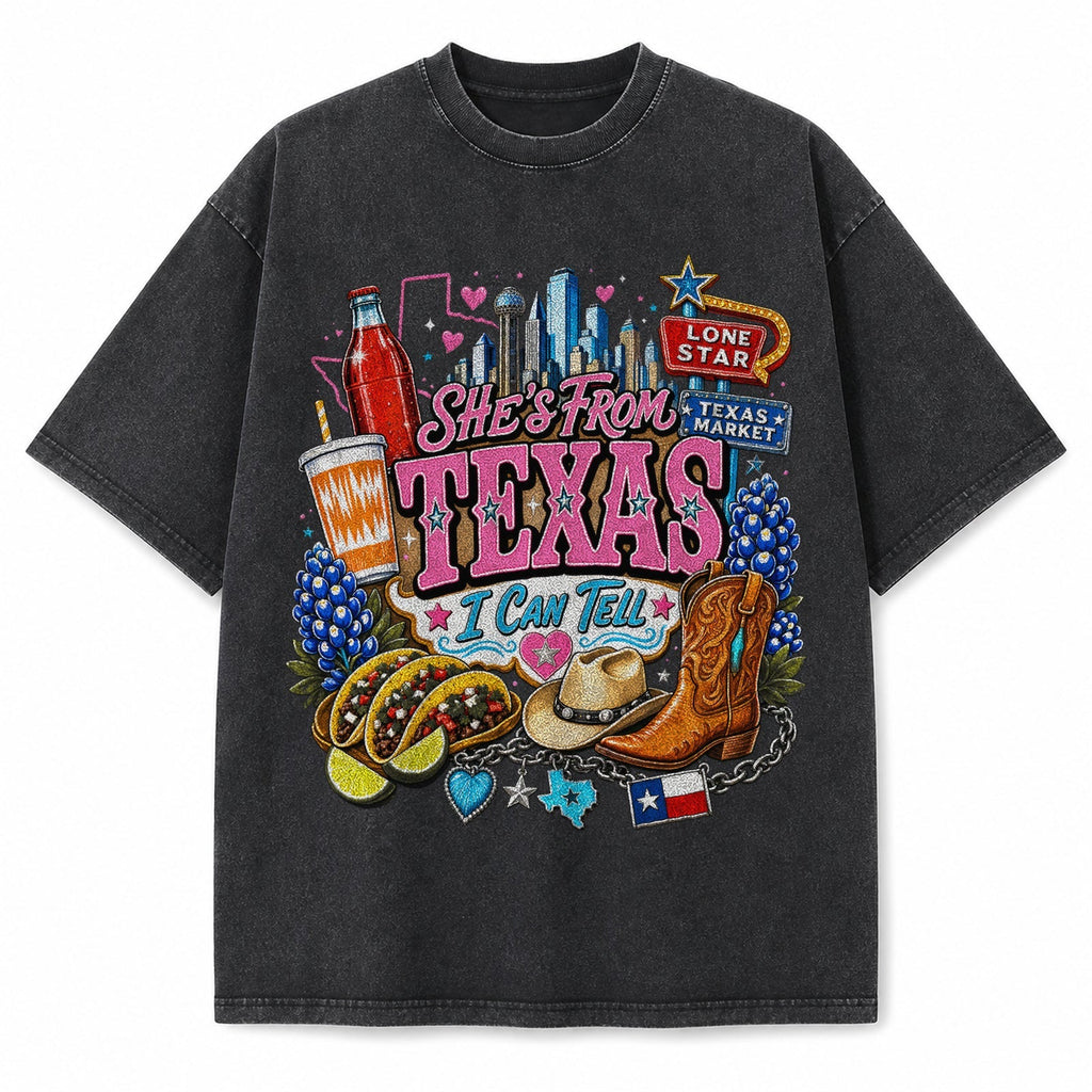 Vintage Washed She's From Texas Heavyweight Graphic Tee in Vintage Washed Heavyweight T-Shirt, Washed Black