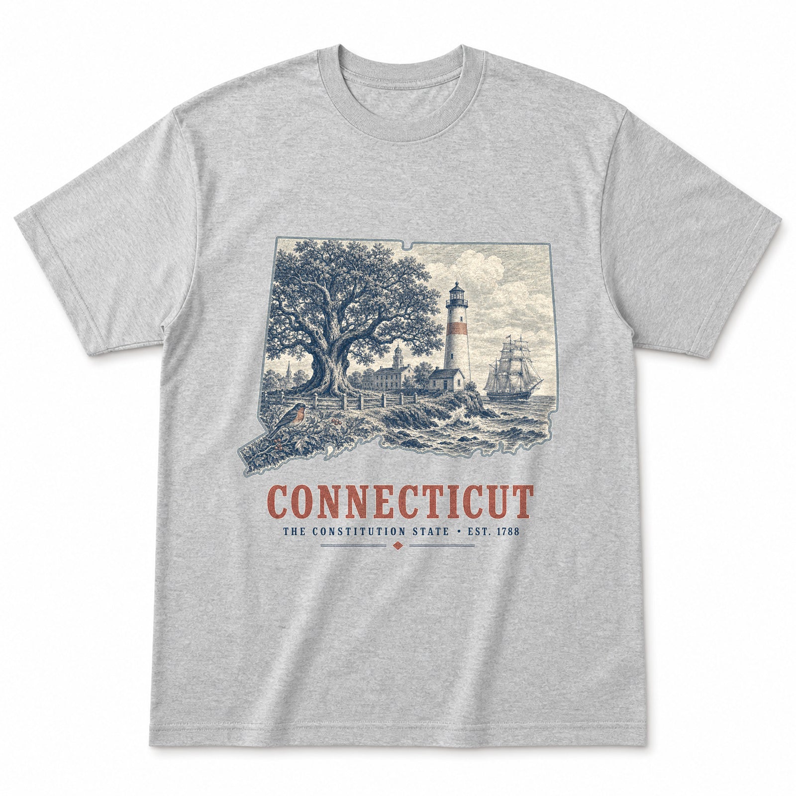 Vintage Connecticut State Graphic T-Shirt in Heather Gray, front view on a white background