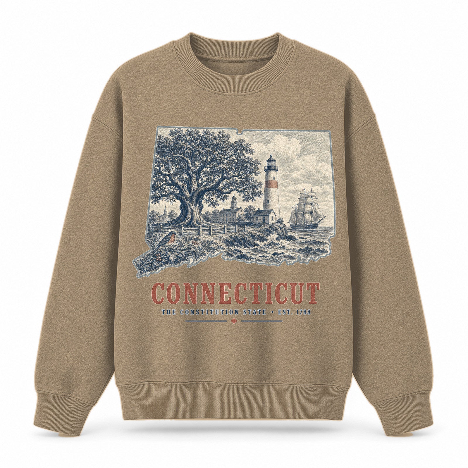 Vintage Connecticut State Graphic Crewneck Sweatshirt in Khaki, front view on a white background
