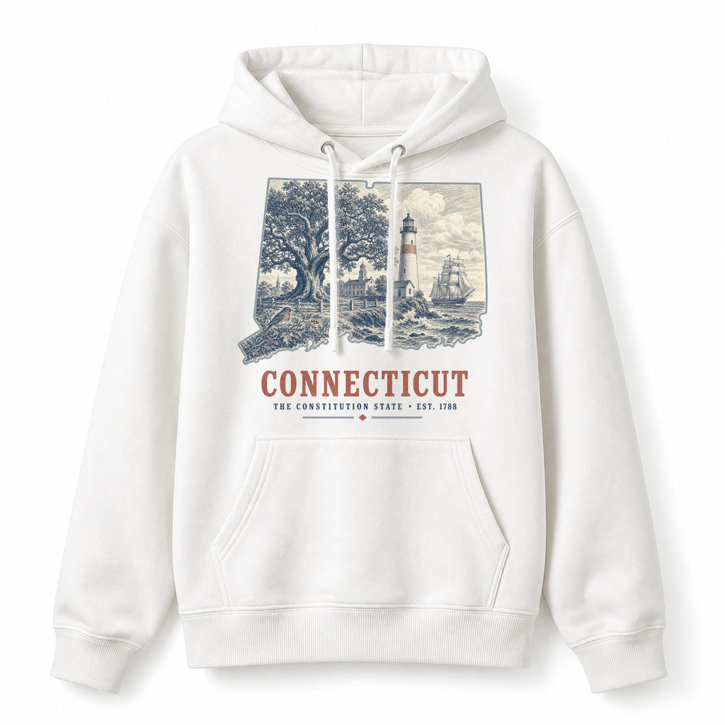 Vintage Connecticut State Graphic Pullover Hoodie in White, front view on a white background