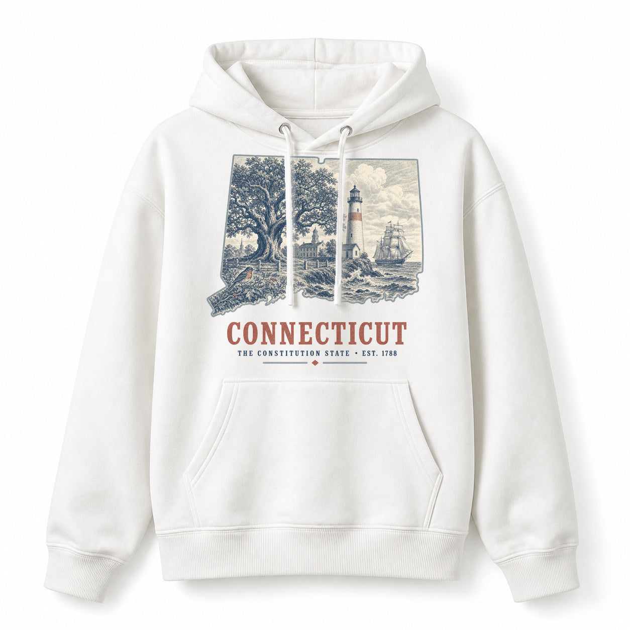 Vintage Connecticut State Graphic Pullover Hoodie in White, front view on a white background