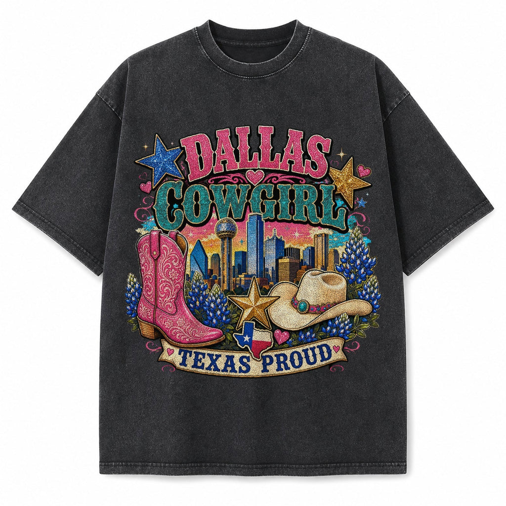 Vintage Washed Dallas Cowgirl Pride Heavyweight Graphic Tee in Vintage Washed Heavyweight T-Shirt, Washed Black