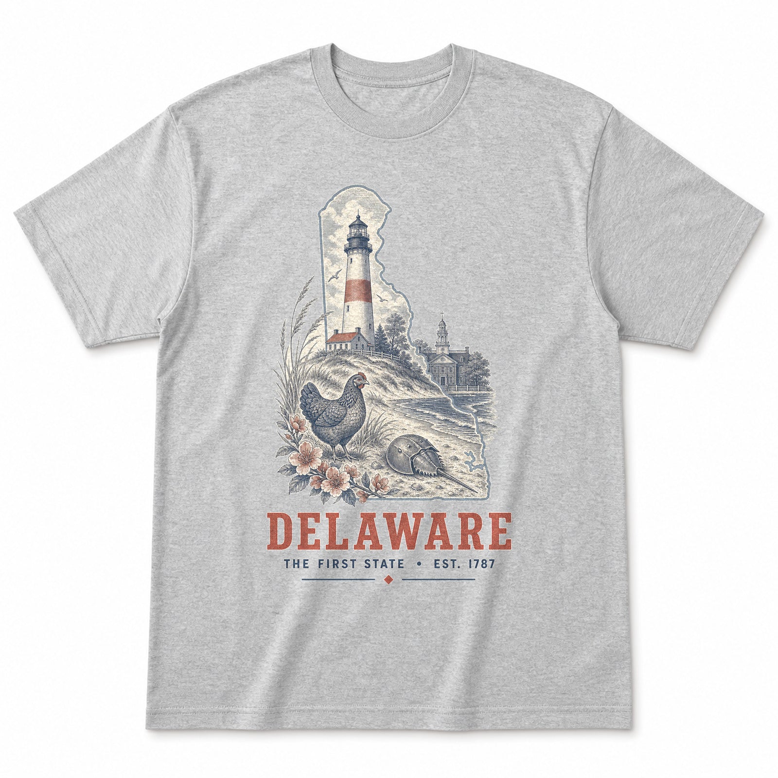 Vintage Delaware State Graphic T-Shirt in Heather Gray, front view on a white background
