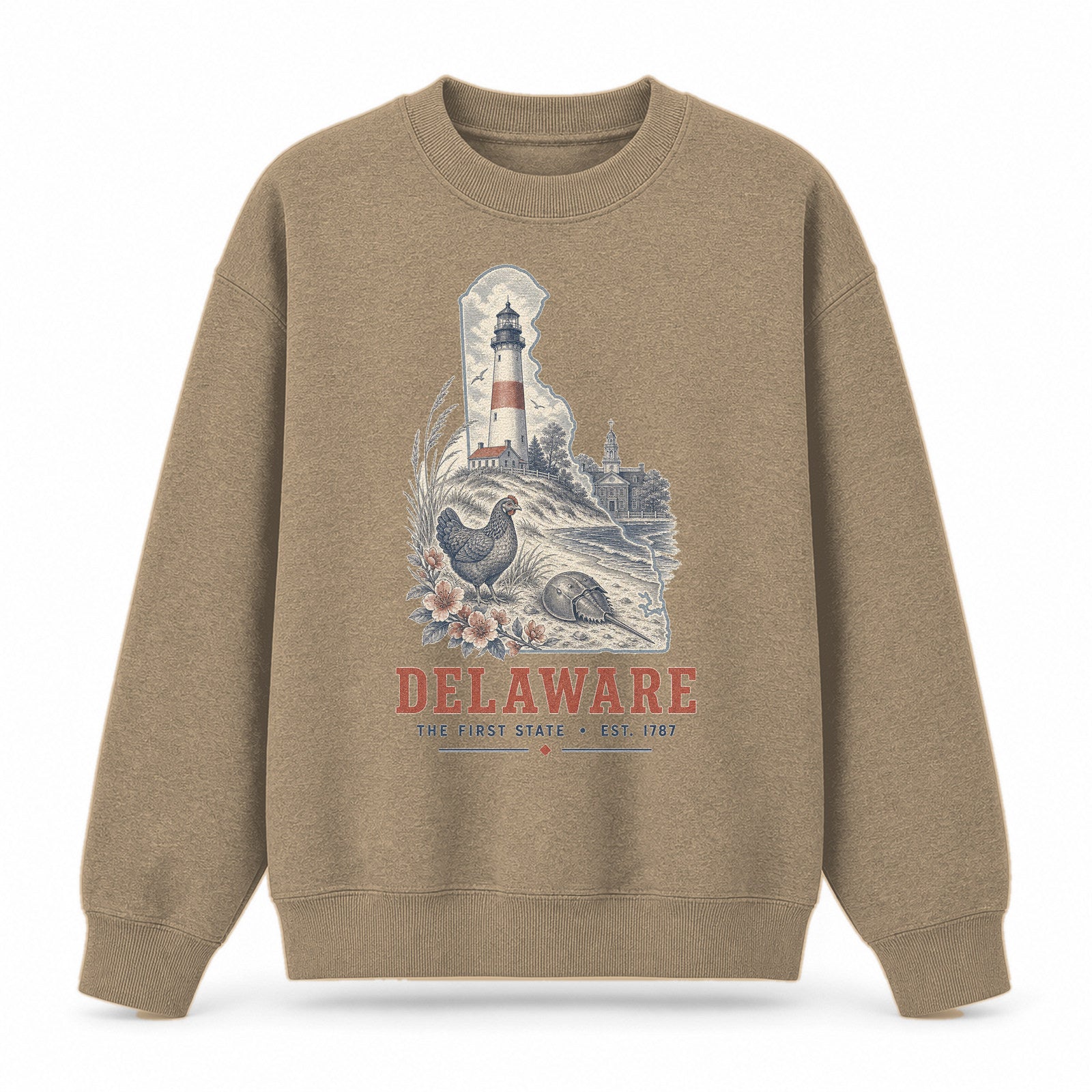 Vintage Delaware State Graphic Crewneck Sweatshirt in Khaki, front view on a white background