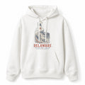 Vintage Delaware State Graphic Pullover Hoodie in White, front view on a white background