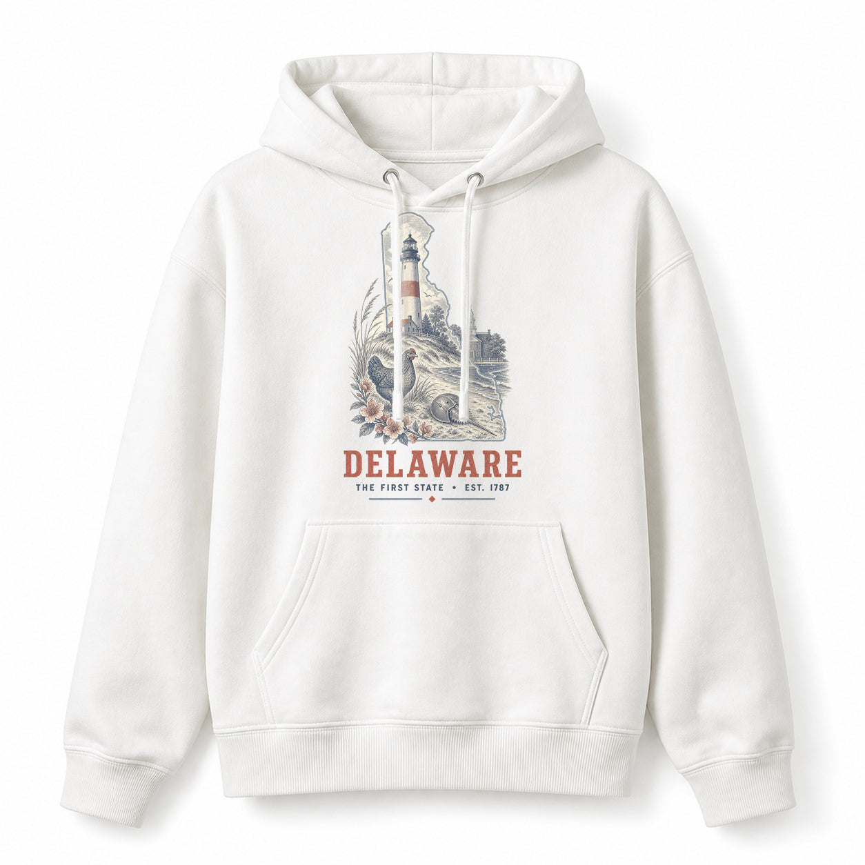 Vintage Delaware State Graphic Pullover Hoodie in White, front view on a white background