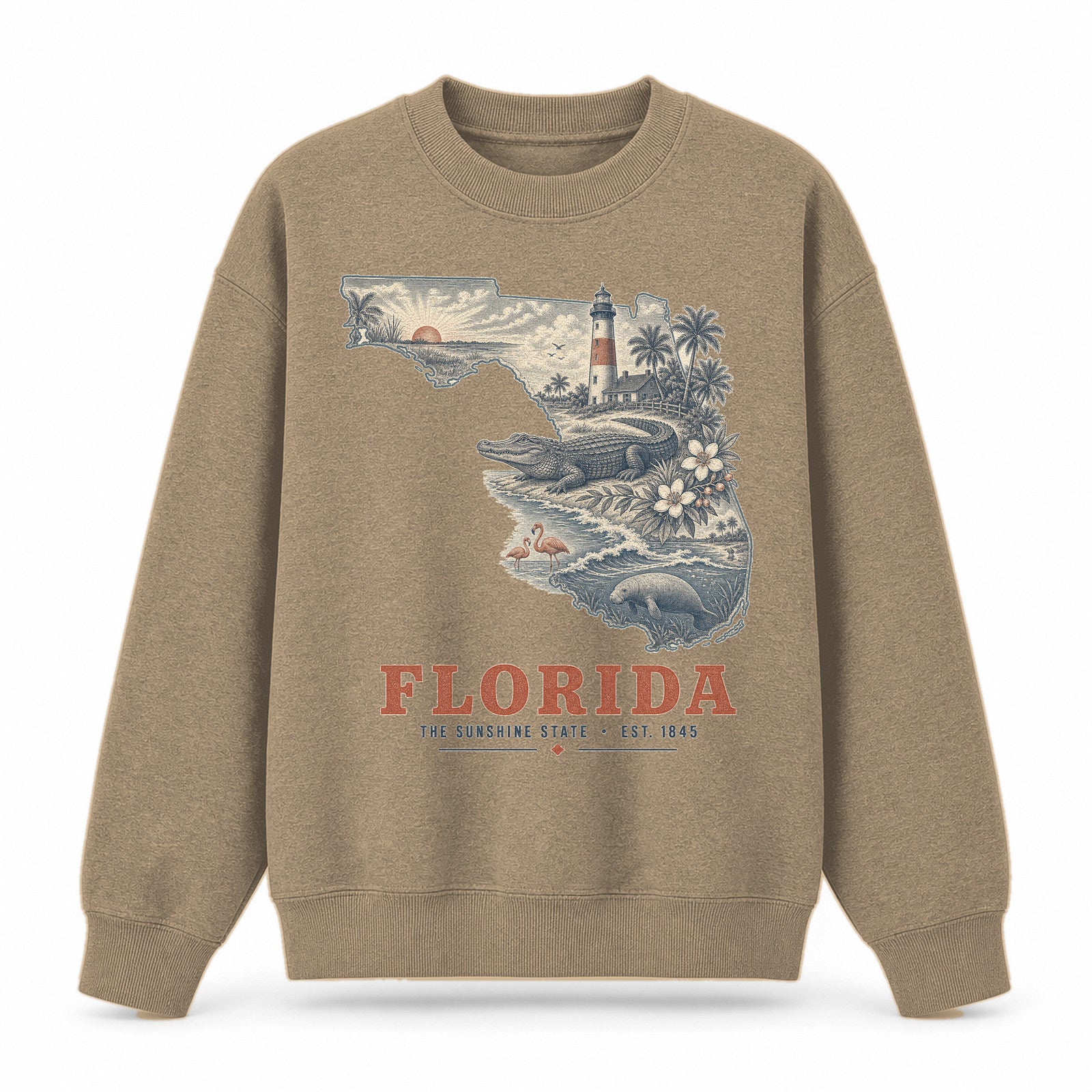 Vintage Florida State Graphic Crewneck Sweatshirt in Khaki, front view on a white background