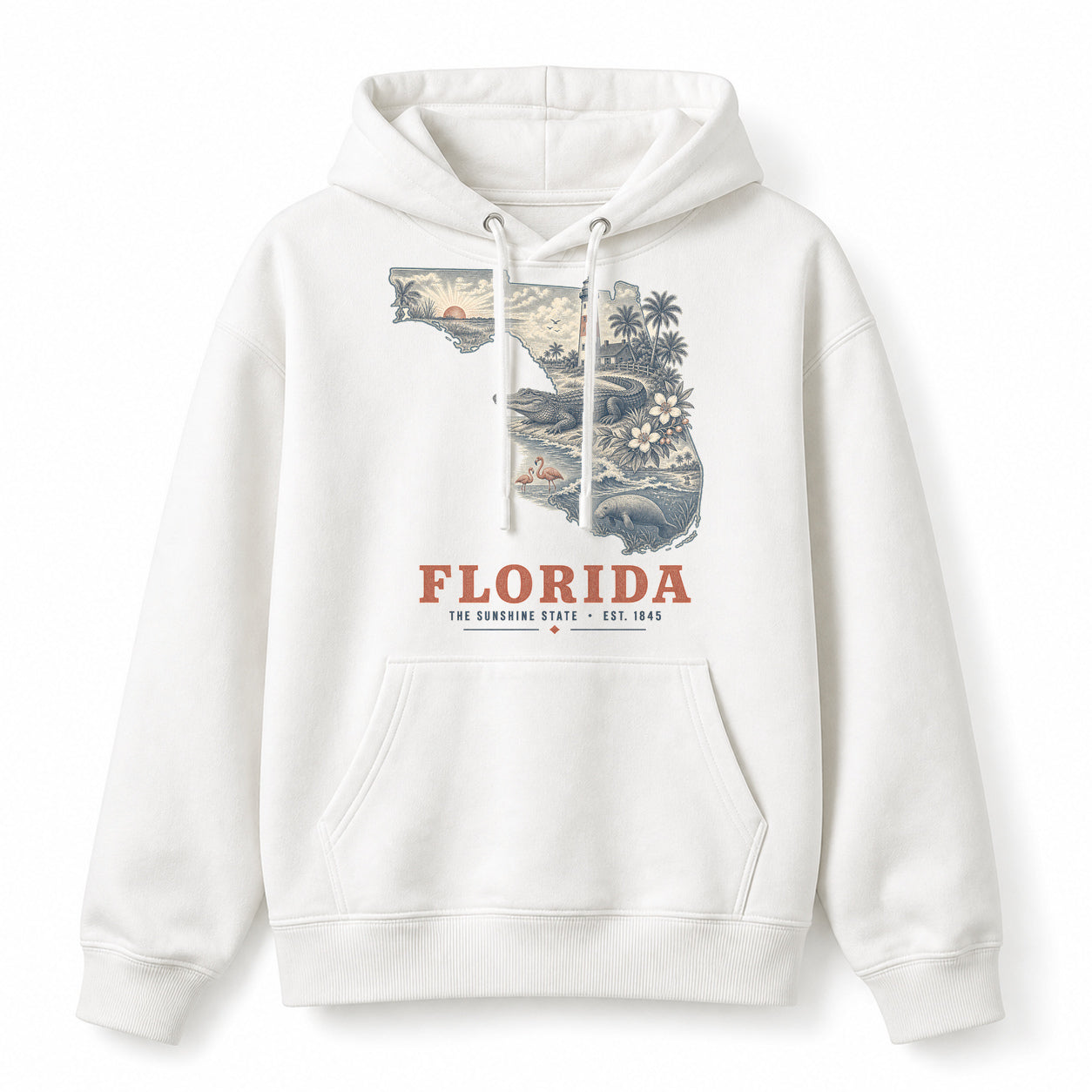 Vintage Florida State Graphic Pullover Hoodie in White, front view on a white background