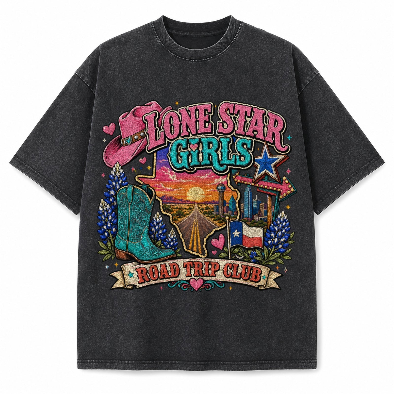 Vintage Washed Lone Star Girls Trip Heavyweight Graphic Tee in Vintage Washed Heavyweight T-Shirt, Washed Black