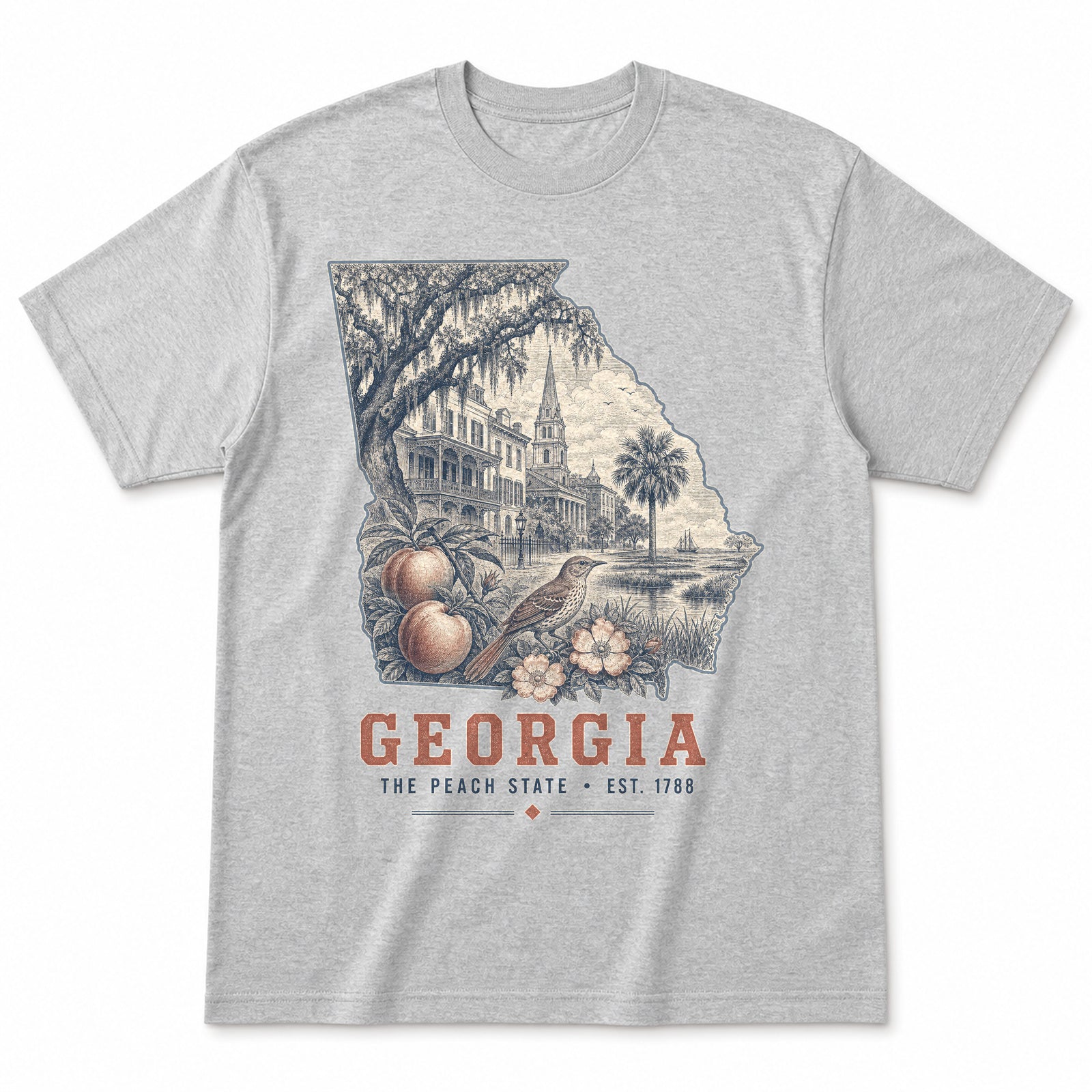 Vintage Georgia State Graphic T-Shirt in Heather Gray, front view on a white background