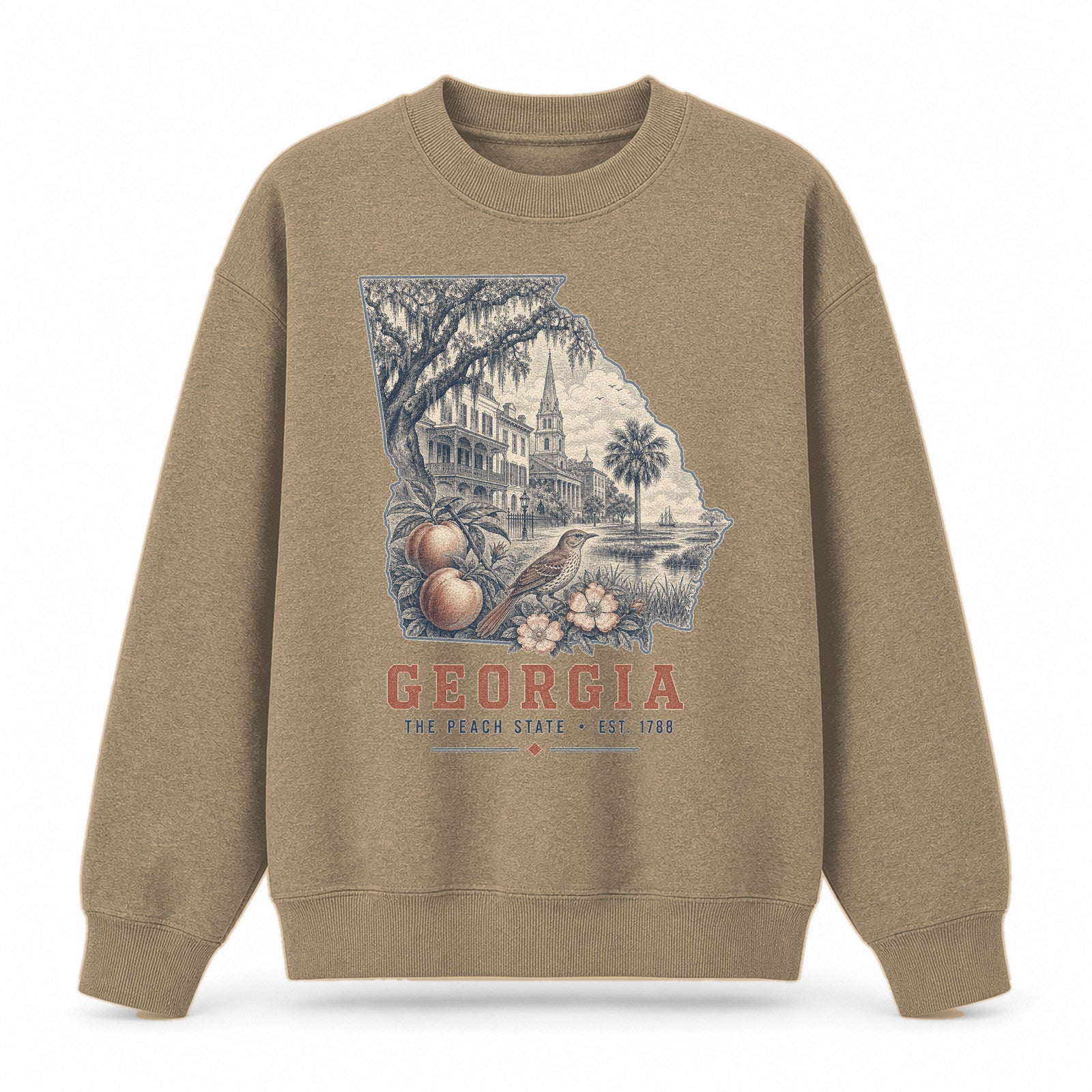Vintage Georgia State Graphic Crewneck Sweatshirt in Khaki, front view on a white background