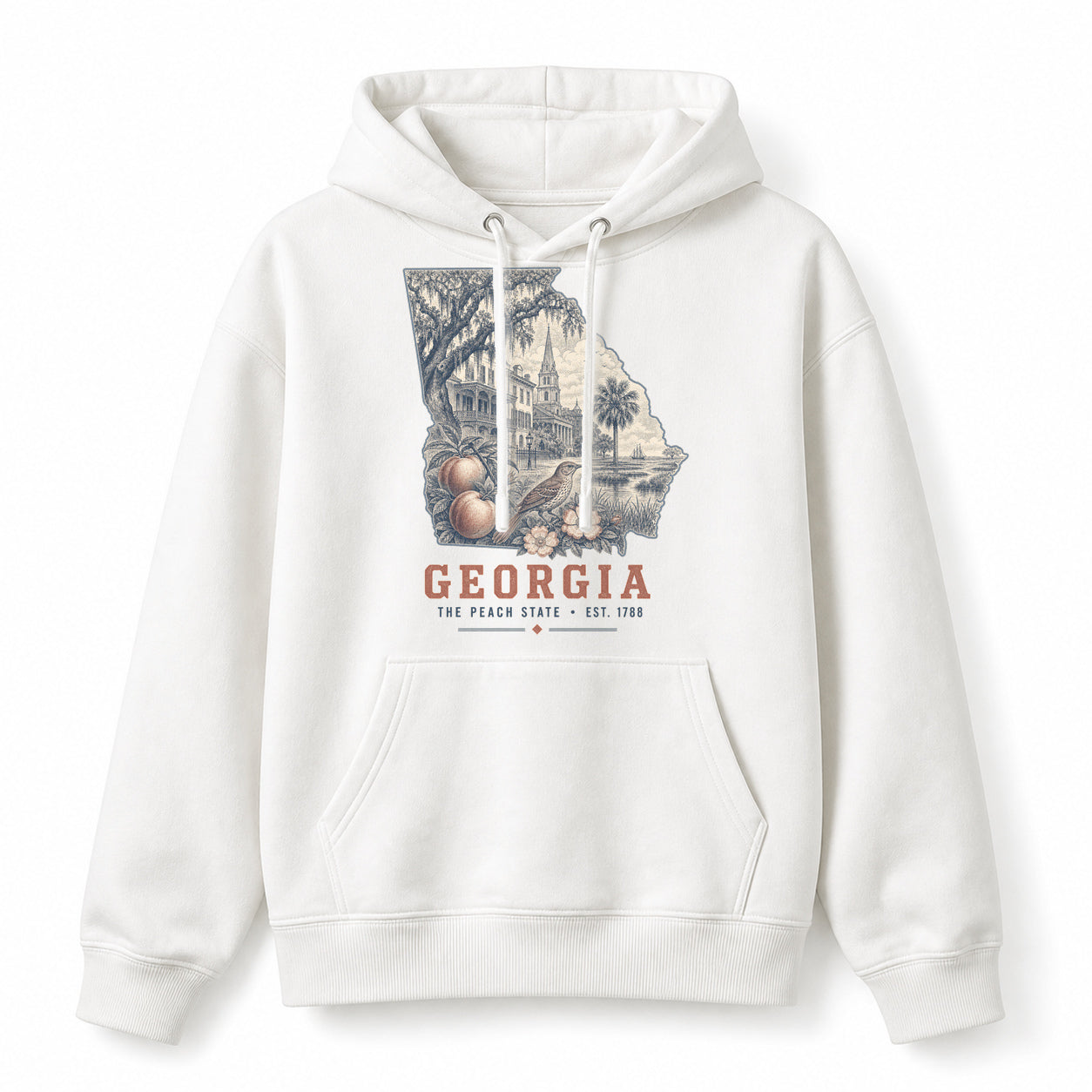 Vintage Georgia State Graphic Pullover Hoodie in White, front view on a white background