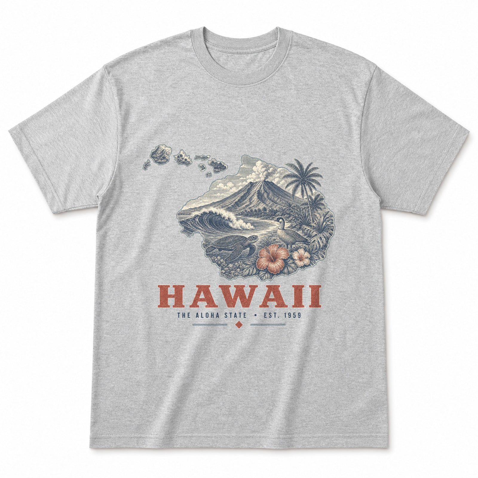 Vintage Hawaii State Graphic T-Shirt in Heather Gray, front view on a white background
