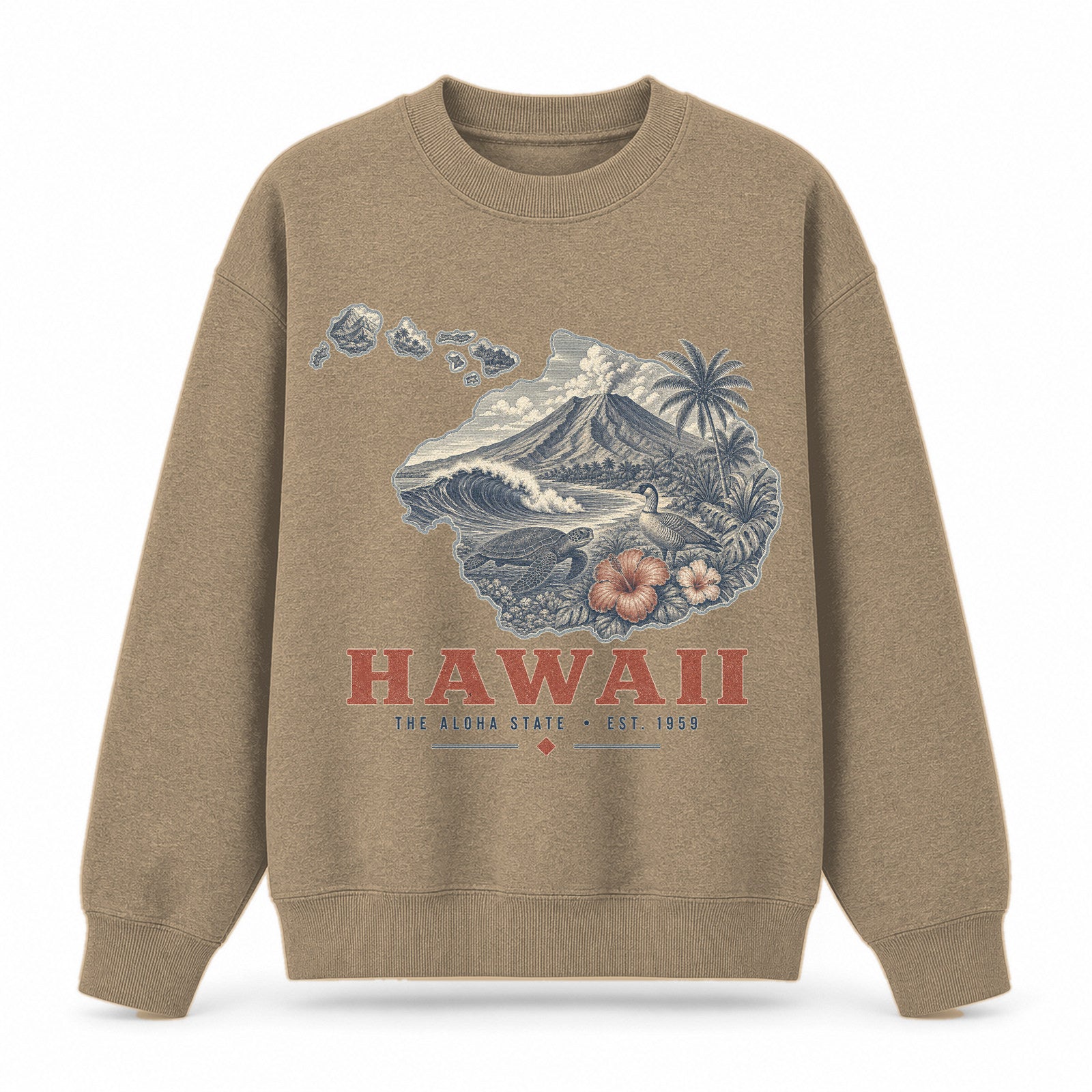 Vintage Hawaii State Graphic Crewneck Sweatshirt in Khaki, front view on a white background