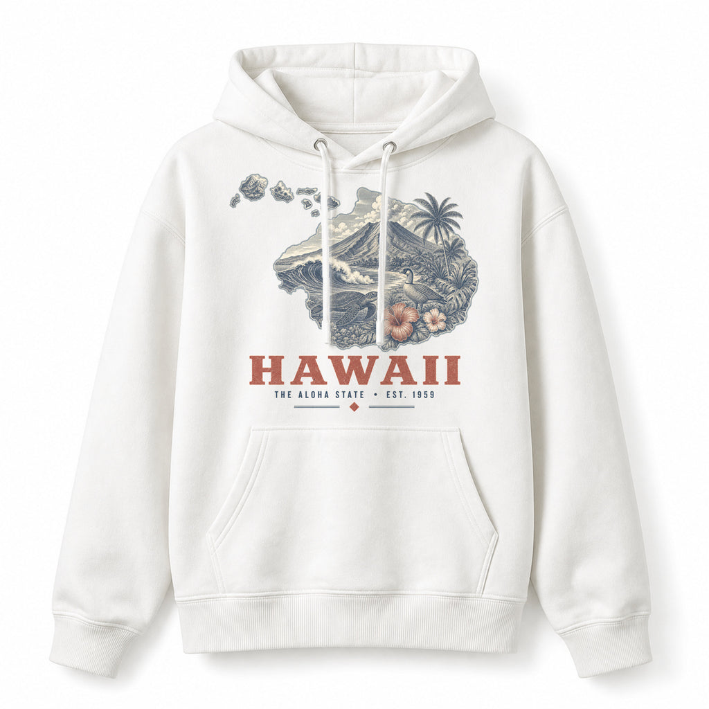 Vintage Hawaii State Graphic Pullover Hoodie in White, front view on a white background