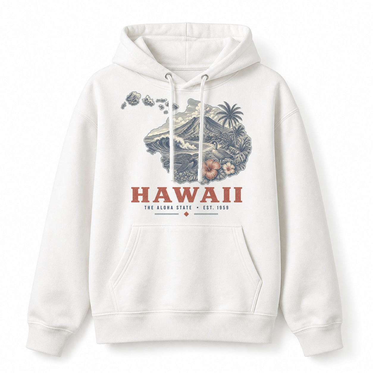 Vintage Hawaii State Graphic Pullover Hoodie in White, front view on a white background