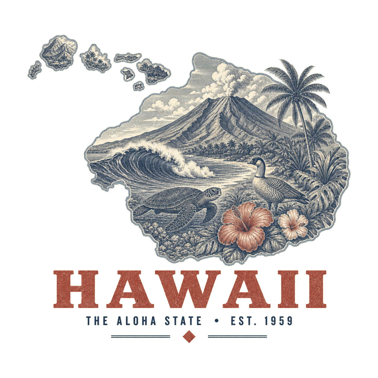 Hawaii vintage state artwork on a white background
