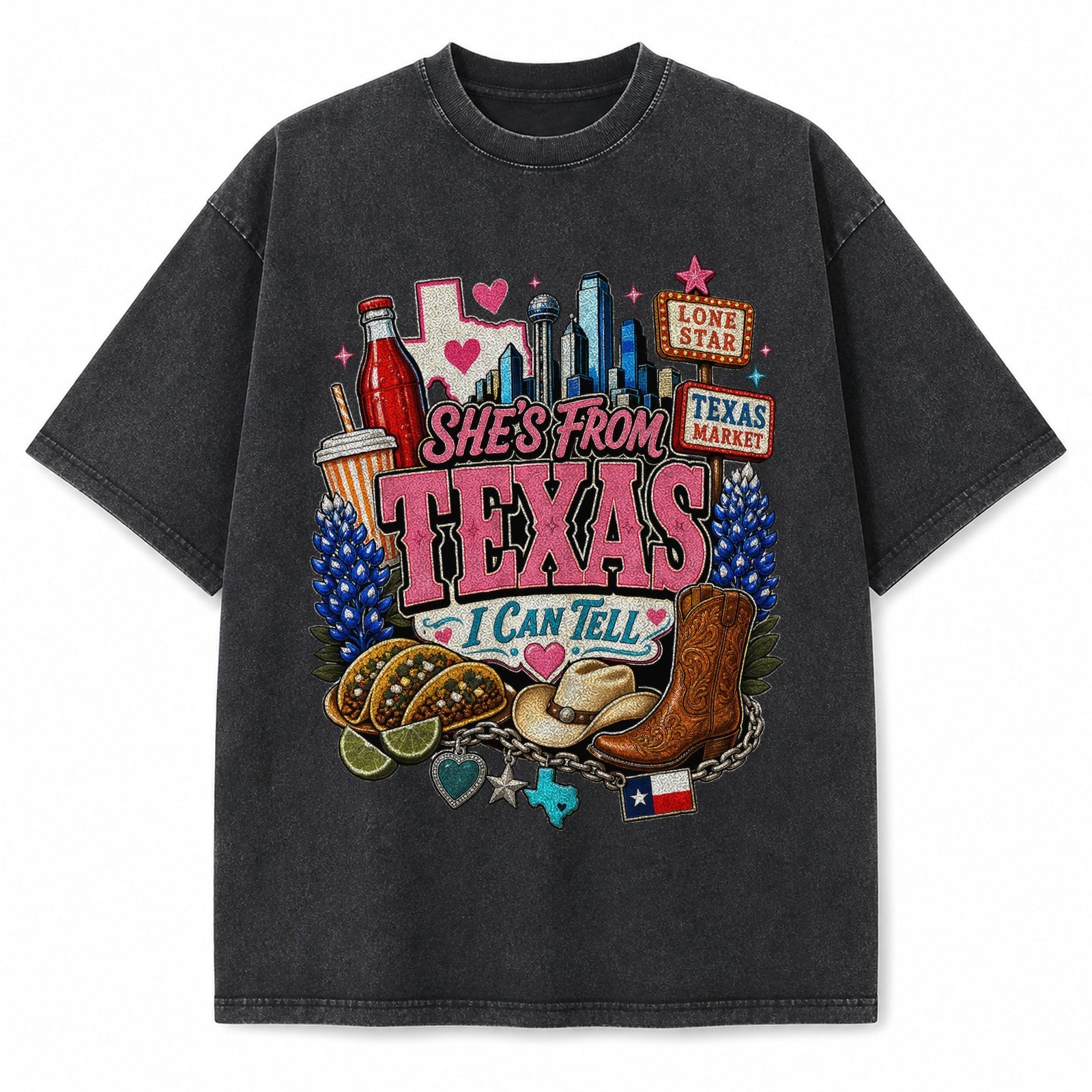 Vintage Washed Texas Dallas Collage Heavyweight Graphic Tee in Vintage Washed Heavyweight T-Shirt, Washed Black