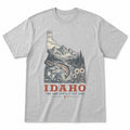 Vintage Idaho State Graphic T-Shirt in Heather Gray, front view on a white background