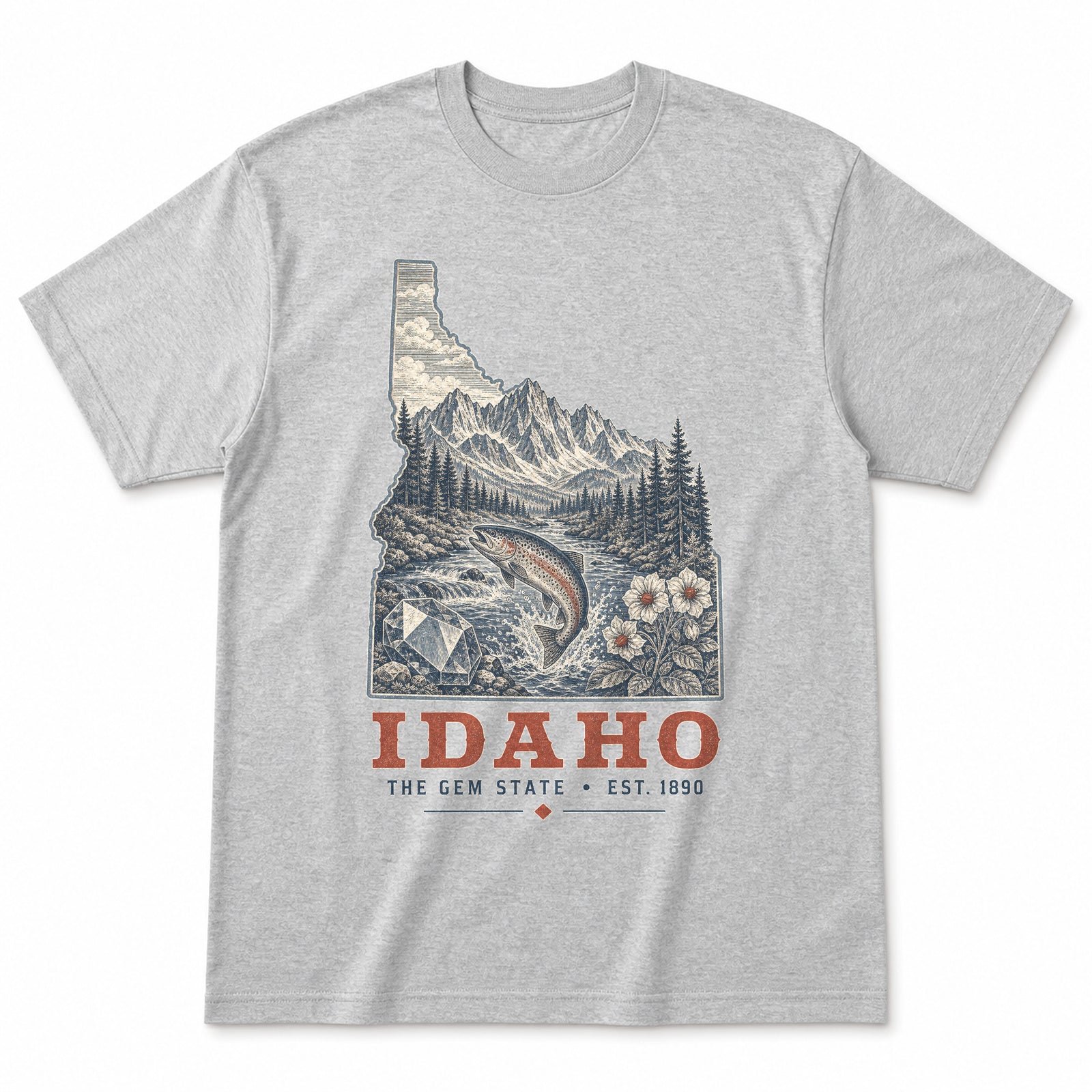 Vintage Idaho State Graphic T-Shirt in Heather Gray, front view on a white background