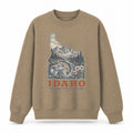 Vintage Idaho State Graphic Crewneck Sweatshirt in Khaki, front view on a white background