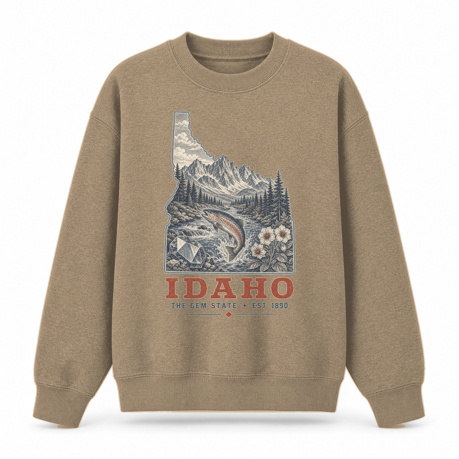 Vintage Idaho State Graphic Crewneck Sweatshirt in Khaki, front view on a white background