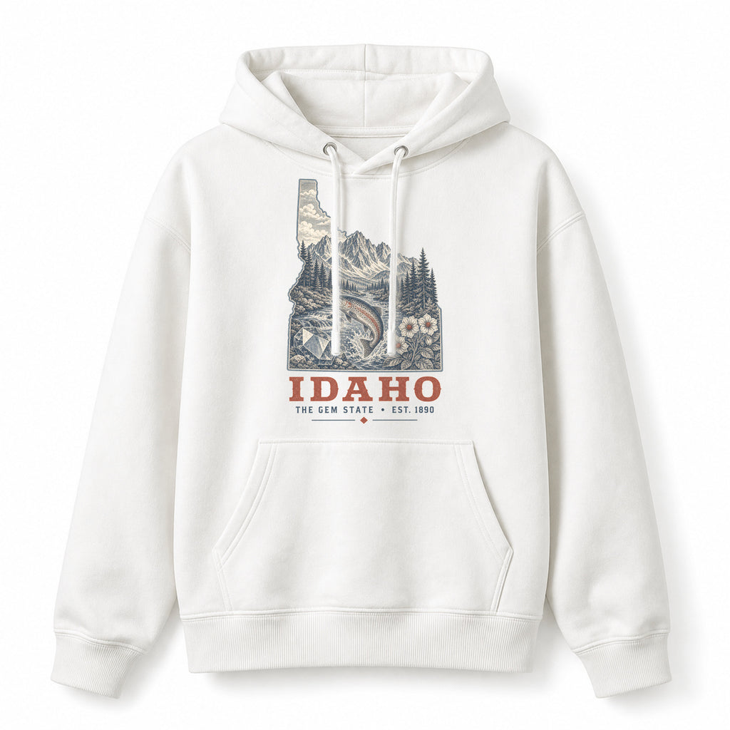 Vintage Idaho State Graphic Pullover Hoodie in White, front view on a white background