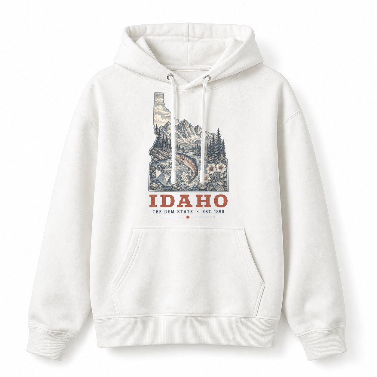 Vintage Idaho State Graphic Pullover Hoodie in White, front view on a white background