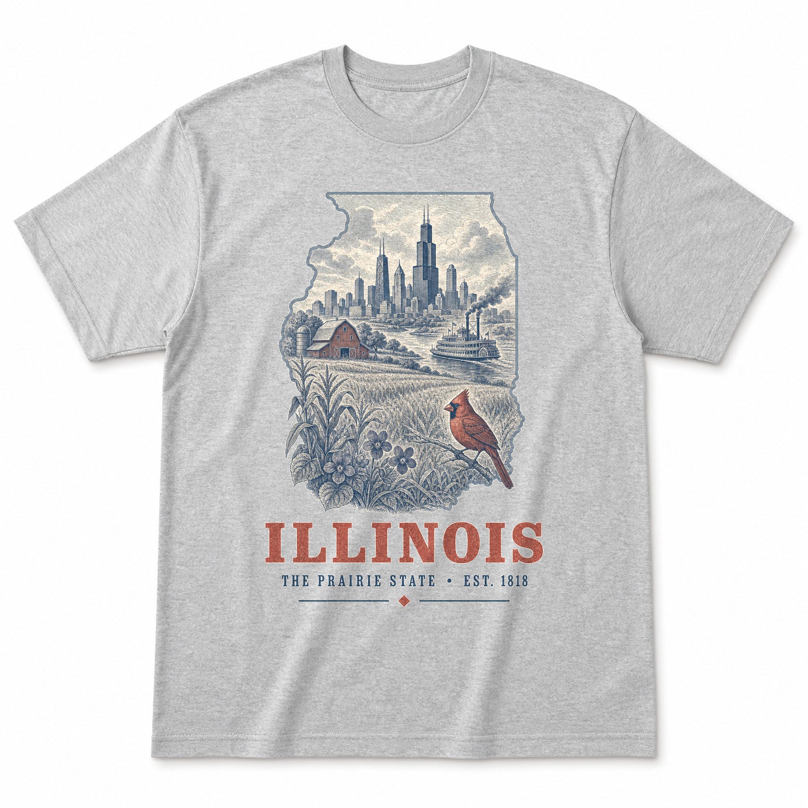 Vintage Illinois State Graphic T-Shirt in Heather Gray, front view on a white background